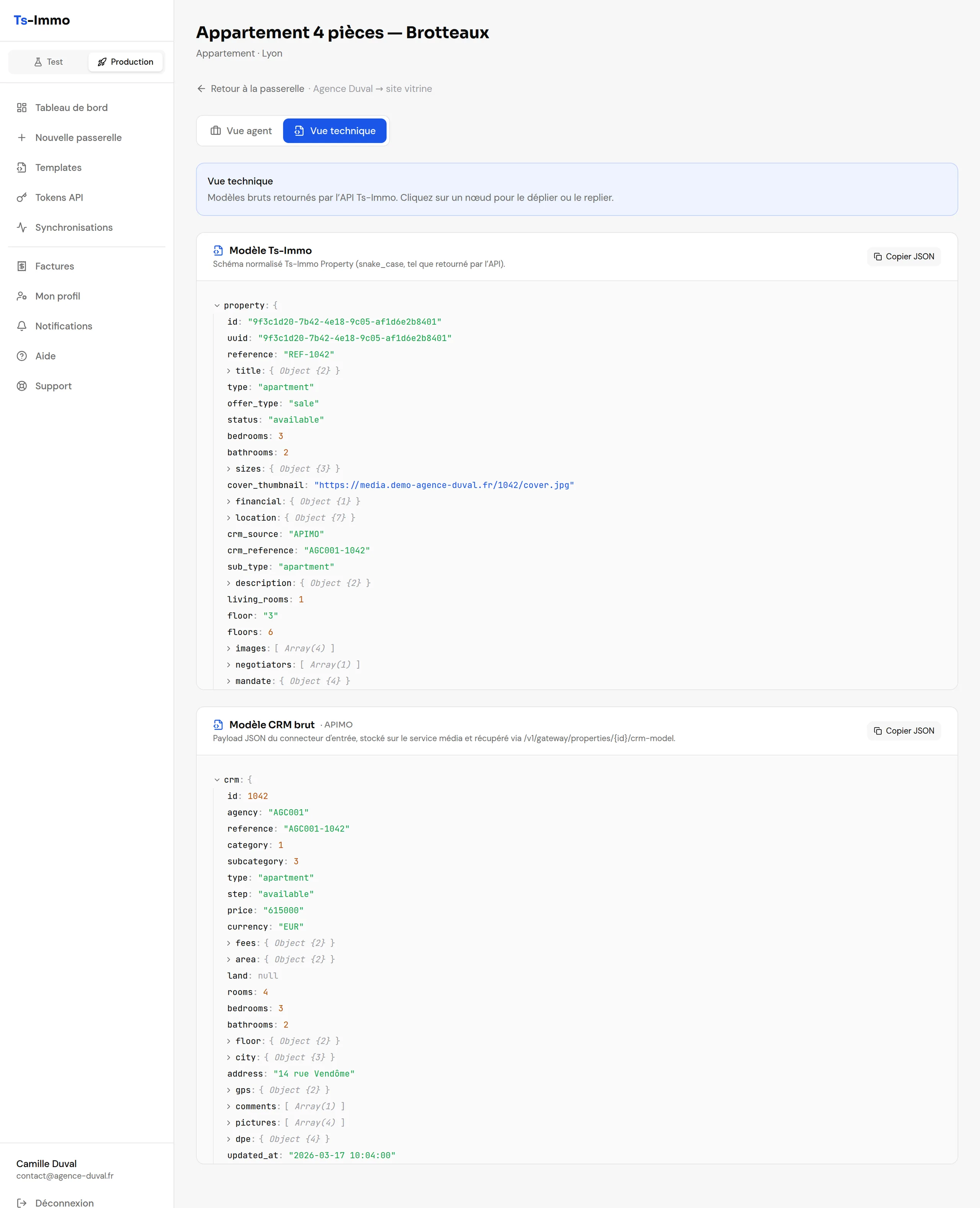 Technical view of a property: the unified Ts-Immo model then the raw CRM model, in JSON