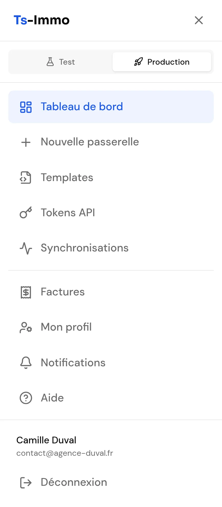 Ts-Immo dashboard menu open on a phone