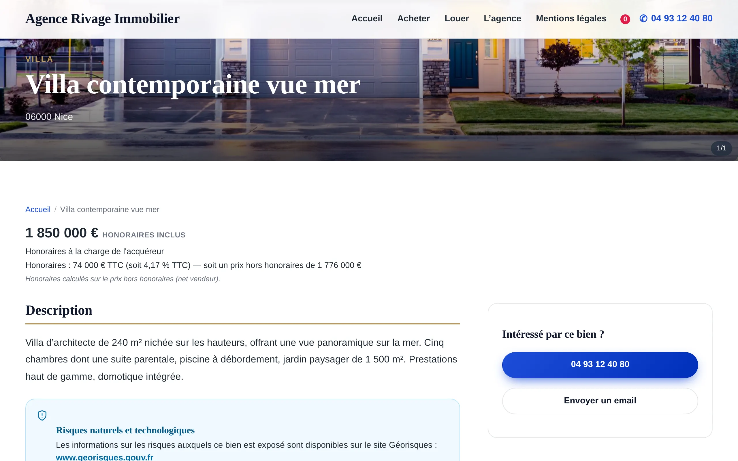 Fiche bien générée par Ts-Immo sur un site WordPress : photo, prix honoraires inclus, description et mention géorisques