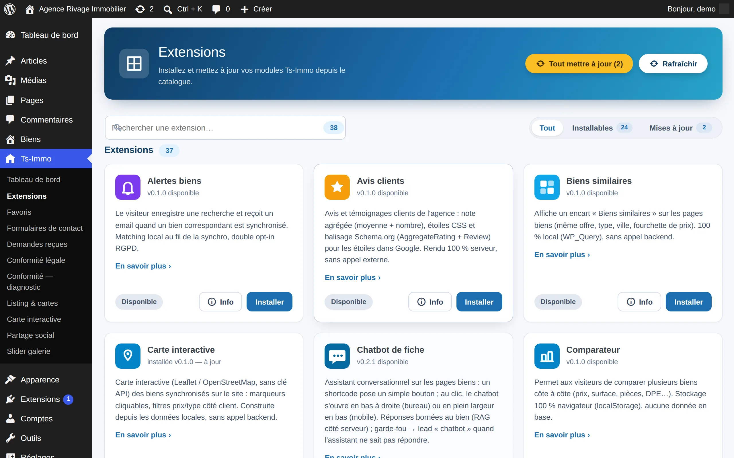 Catalogue d'extensions du Ts-Immo Plugin Manager dans l'admin WordPress, avec les modules installables et à mettre à jour