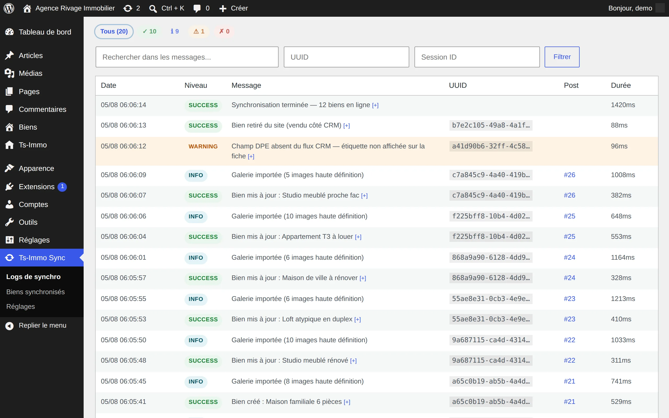 Logs de synchronisation Ts-Immo dans l'admin WordPress : créations, mises à jour et suppressions horodatées avec durée