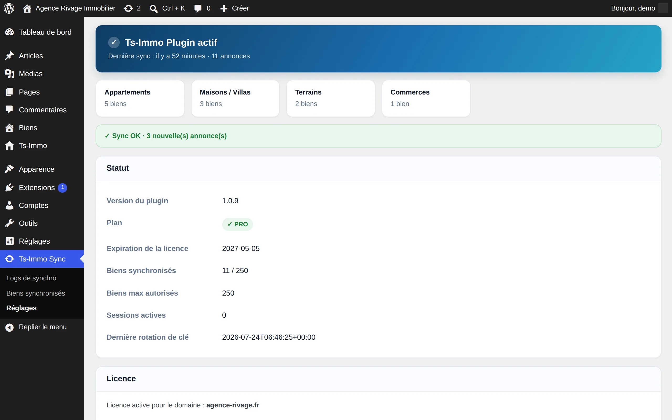 Tableau de bord Ts-Immo Sync dans l'administration WordPress : biens synchronisés par type, dernière synchronisation et statut de la licence