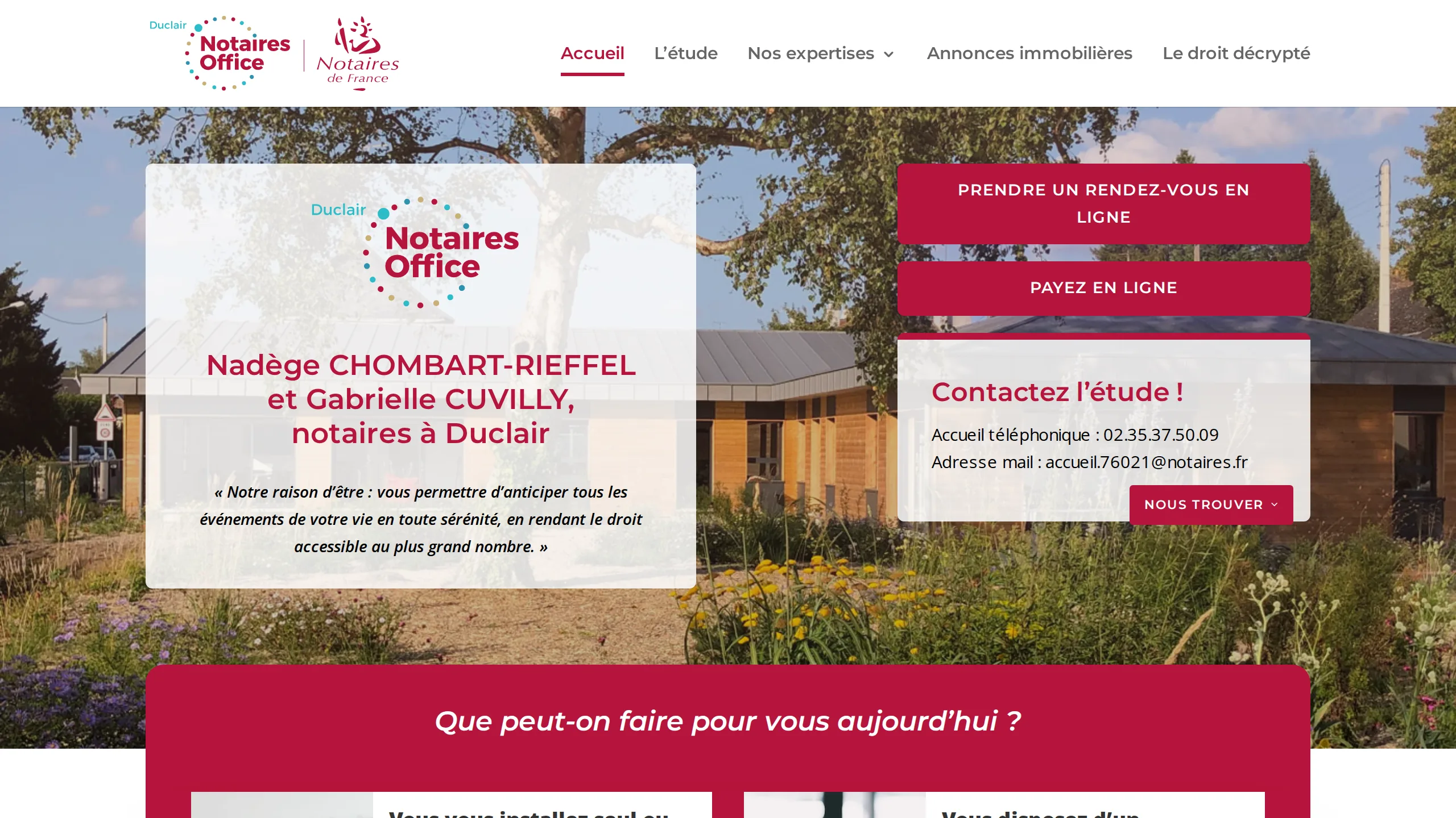 Capture du site en production « Notaires Office Duclair — WordPress + passerelle AdNov », connecté à son CRM par la passerelle Ts-Immo