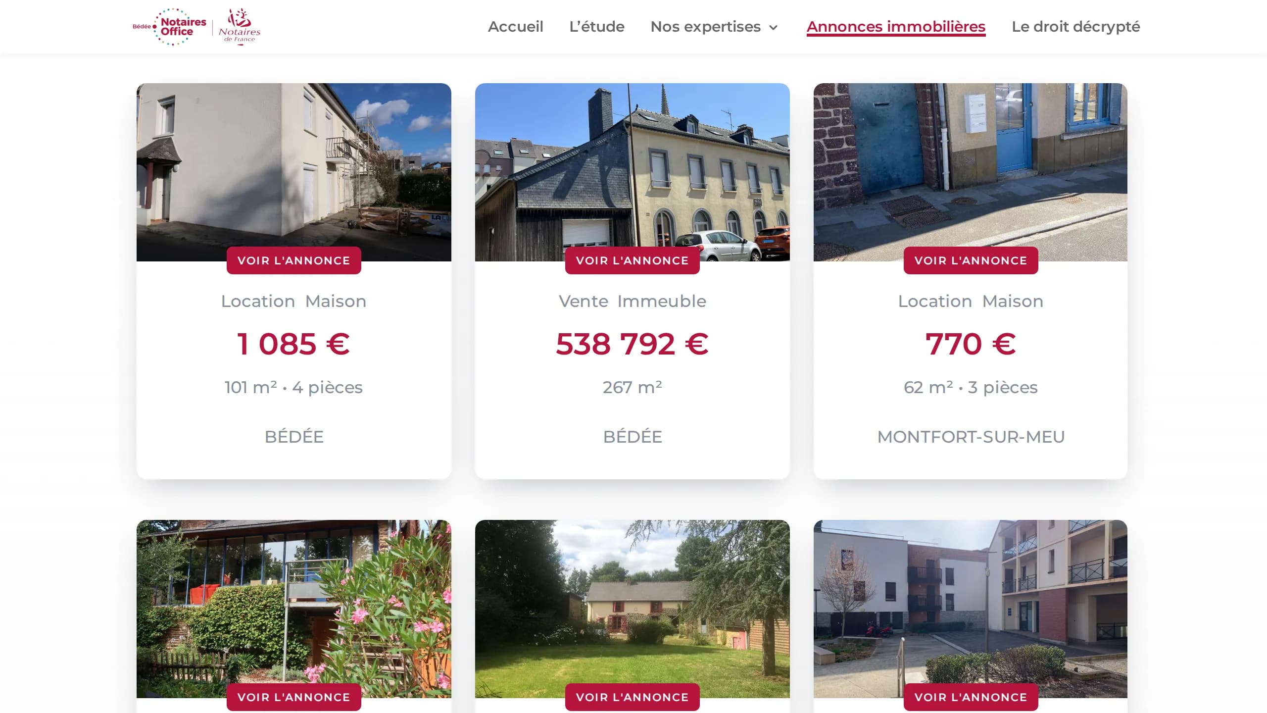 Capture du site en production « Notaires Office Bédée — WordPress + passerelle Noty », connecté à son CRM par la passerelle Ts-Immo