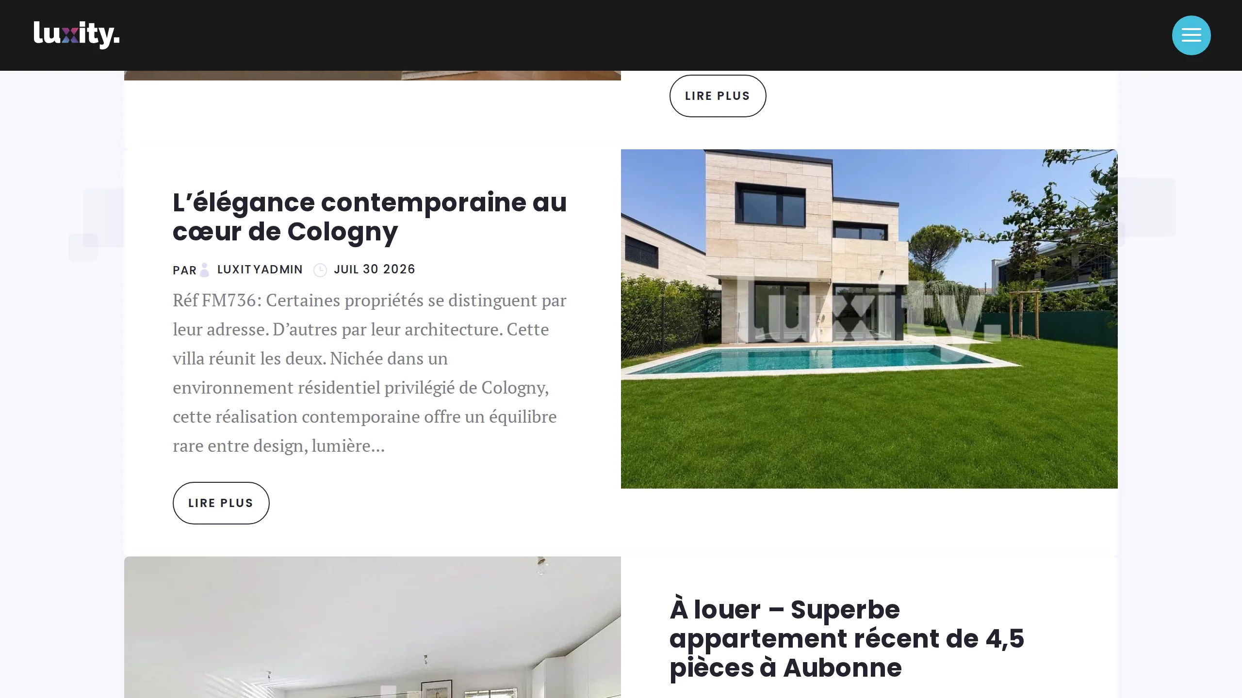 Capture du site en production « Luxity — WordPress + passerelle Apimo », connecté à son CRM par la passerelle Ts-Immo