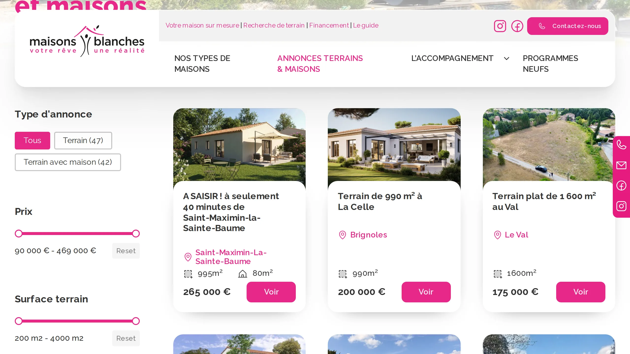 Capture du site en production « Maisons Blanches — WordPress + passerelle Entities », connecté à son CRM par la passerelle Ts-Immo