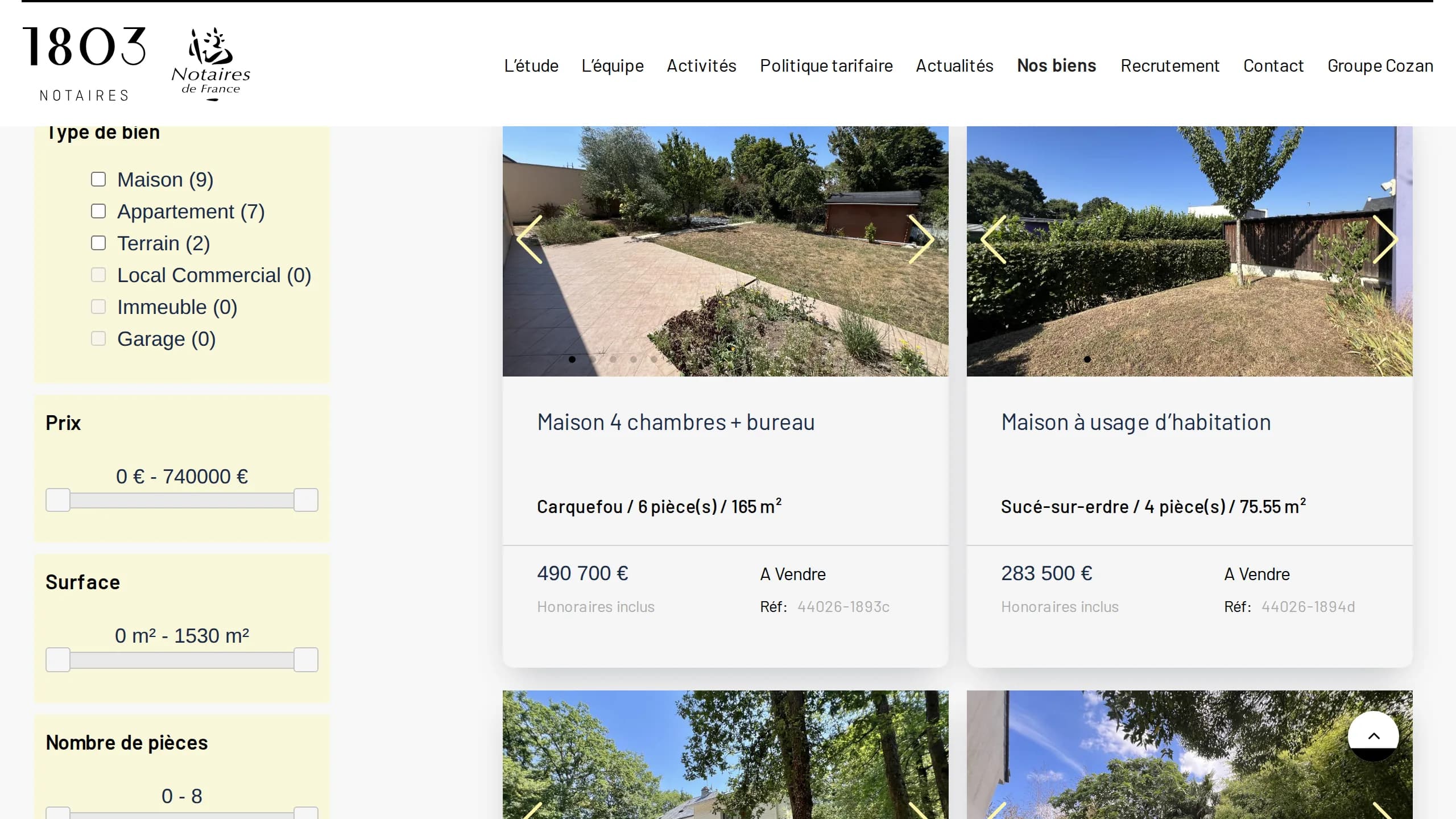Capture du site en production « Office Notarial 1803 — WordPress + passerelle Noty », connecté à son CRM par la passerelle Ts-Immo